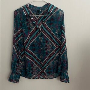 Kut from the Kloth Teal and Purple Geometric Blouse